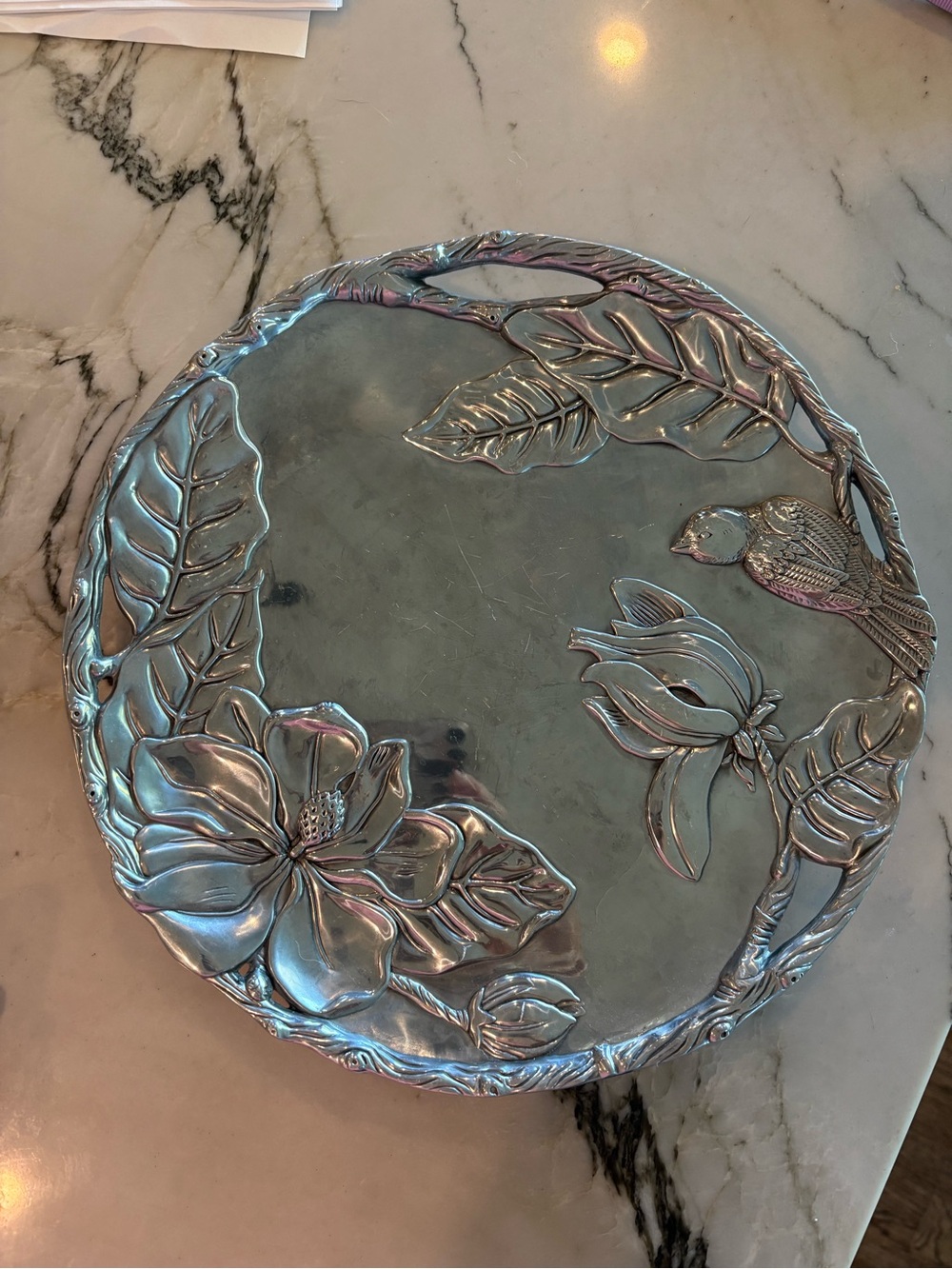 Arthur Court Silver Floral & Bird Round Serving Tray